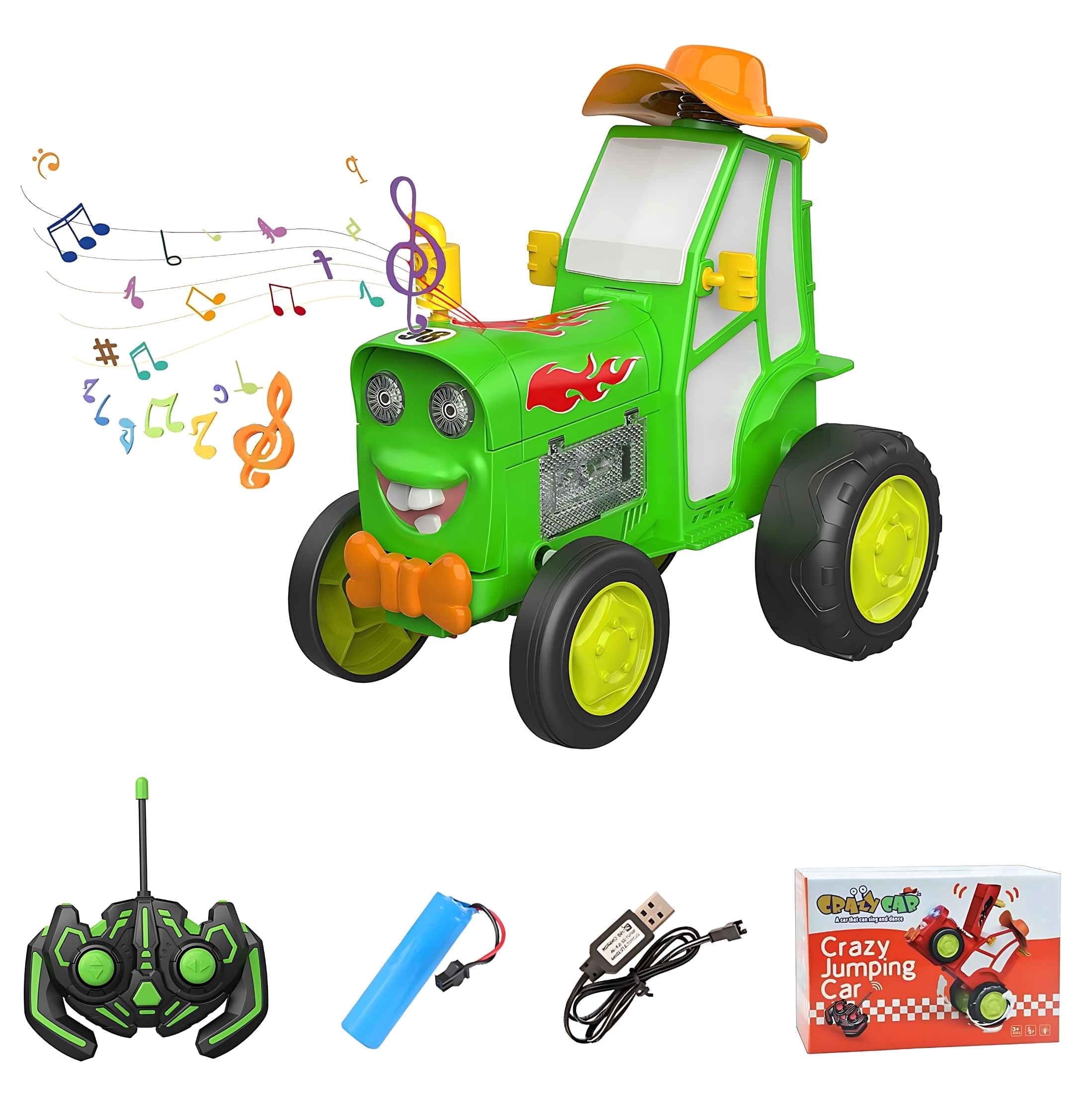 Remote Control Jumping Car, 2.4GHz RC Stunt Tractor Toy with Music and LED Lights, Rechargeable Dancing Car Gift for Kids Boys Girls, Ages 3