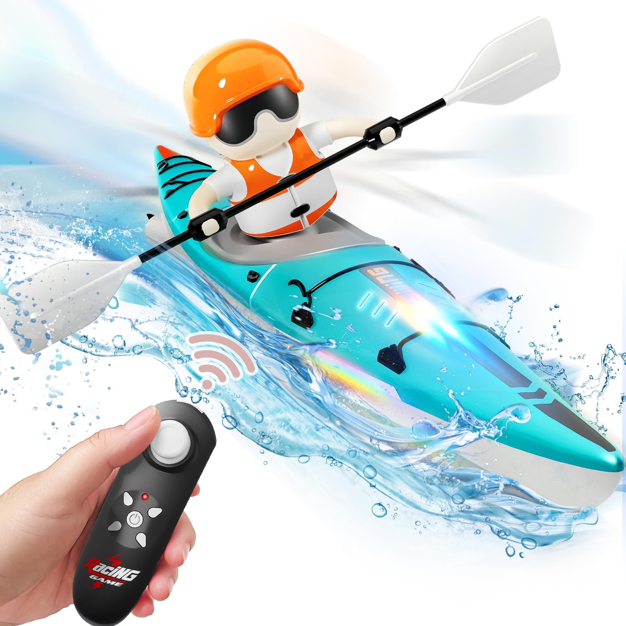 Remote Control Boat for Kids, RC Kayak Boat with Lights Paddle for Pool & Bathtub, High-Speed Water Racing Toys for Boys Girls Christmas Gifts