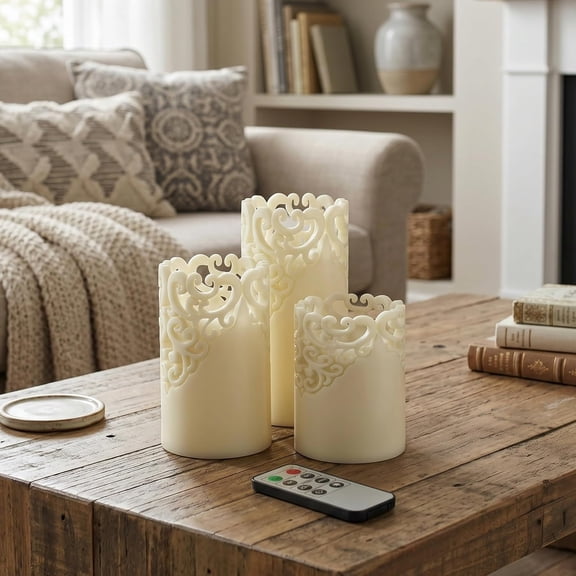Remote Control LED Candles - Set of 3 Battery-Operated Realistic Flameless Pillars with Lace Details and Vanilla-Scented Wax by