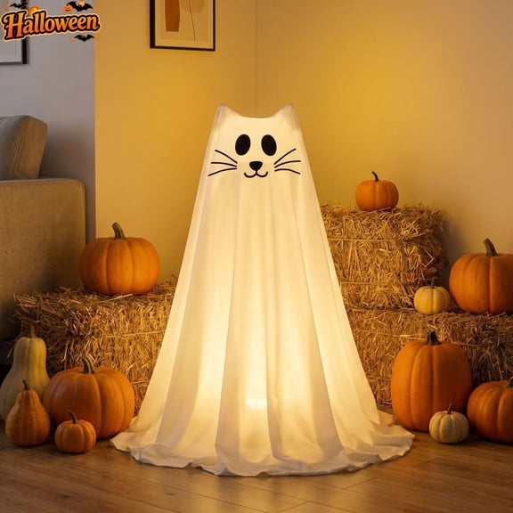 Remote Control LED Light Up Cat Face Standing Ghost Decor, Freestanding Glowing Ghost Figure With Support Frame, Warm Lighting Yard Porch Lawn Indoor Outdoor Halloween Decorations