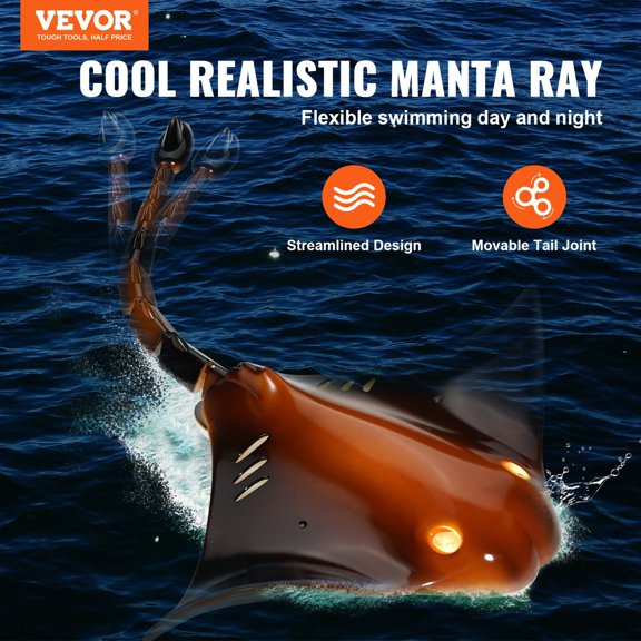 Remote Control Manta Ray Toy, 2.4GHz High Simulation Robot Manta Ray with Light, 2 Rechargeable Batteries, for Pool, Bathtub or Lake, Swimming RC Boat