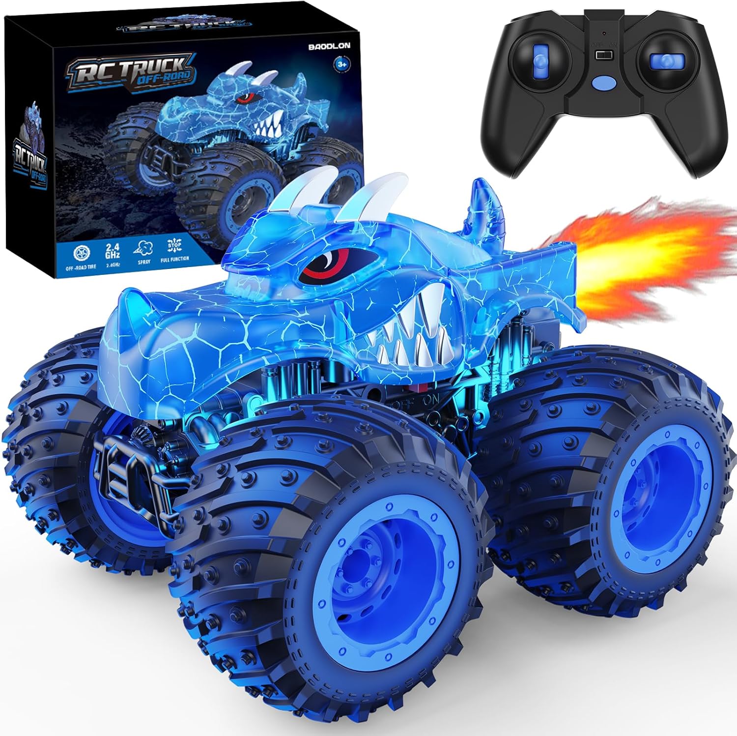 Remote Control Monster Car, 2.4GHz RC Monster Trucks Toys for 3 4 5 6 7 8 Years Old Boys Kids, All Terrain RC Truck Off Road with Spray, Light, Rechargeable Battery, Christmas Birthday Gifts