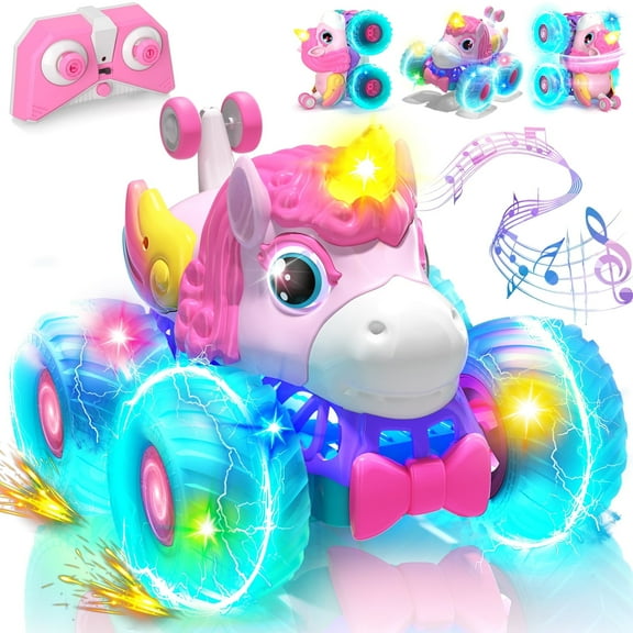 Unicorn Remote Control Cars for Girls, Remote Control Monster Truck for Girls, Pink Rc Stunt Car Unicorn Toys Cars with LED Lights for Girls Age 4 5 6 7 8 9 10 11 12