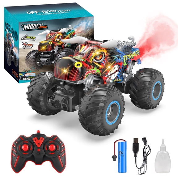 Remote Control Monster Trucks,2.4 GHz All Terrain RC Car, 1:16 Off-Road RC Trucks with Spray Music and Light for Boys 4-7 8-12 Kids Christmas Birthday Gift Toys