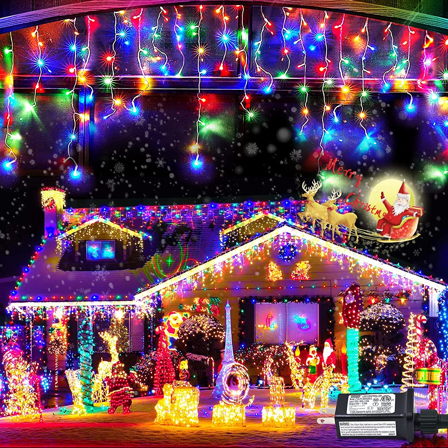 "Remote Control Multicolor Icicle Lights 200 LED 8 Modes for Xmas Roof Wedding Party Holiday