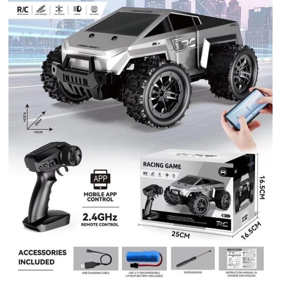 Remote Control Off-Road RC Truck with Dual Control (Remote + App), LED Lighting, Non-Slip Tires, USB Rechargeable, All-Terrain Racing Vehicle