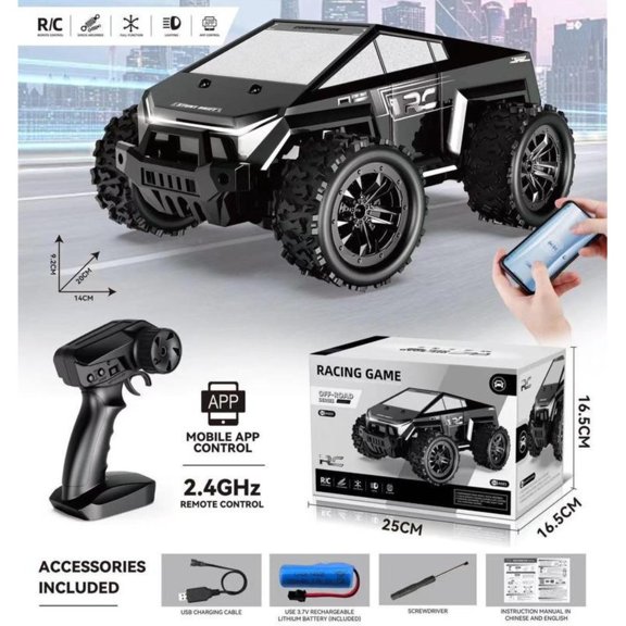 Remote Control Off-Road RC Truck with Dual Control (Remote + App), LED Lighting, Non-Slip Tires, USB Rechargeable, All-Terrain Racing Vehicle