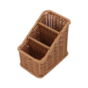 Remote Control Organizer Box with 3 Compartments, Handmade Rattan Desk Storage Basket for Tv Remotes, Makeup Brushes, and Pens, Remote Holder Caddy for Desk Table Nightstand, 1Pc(Brown,5.7x3.6x5.3")