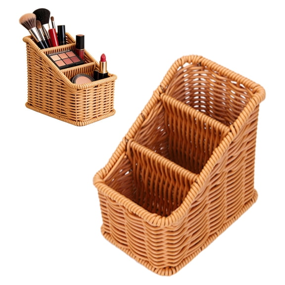 Hgtduk Remote Control Organizer Box, Synthetic Rattan Desk Storage Basket, Rustic Organizer for TV Remotes Makeup Brushes and Pens, Khaki