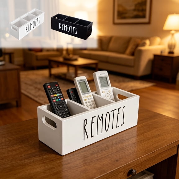 Remote Control Organizer Caddy Box with Handle, 3-Compartment Wooden Desk Organizer for TV DVD BluRay Remotes, Phones, Pens and Office Supplies