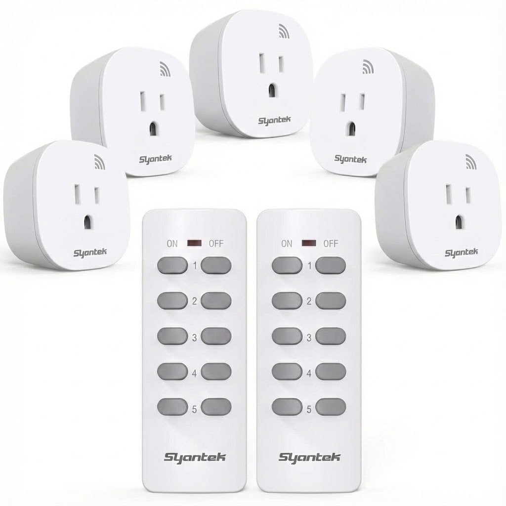 Syantek Wireless Programmable Remote Control Outlets, 100 ft Range, 5 ...