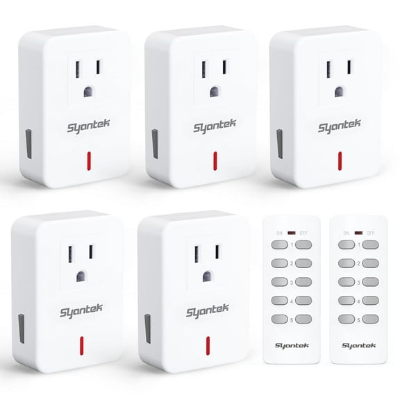 Syantek Remote Control Outlet Wireless Light Switch Kit for Household Appliances, Expandable, up to 100 ft Range, White (5 Outlets + 2 Remotes)