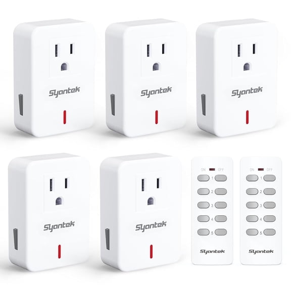 Syantek Remote Control Outlet Wireless Light Switch Kit for Household Appliances, Expandable, up to 100 ft Range, White (5 Outlets + 2 Remotes)