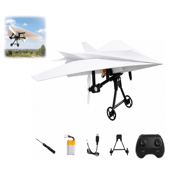 Remote Control Paper Airplane Conversion Kit with Gyro Stabilizer Dual Propellers 2.4GHz Foldable Glider for Beginners Hobbyists (1PC)