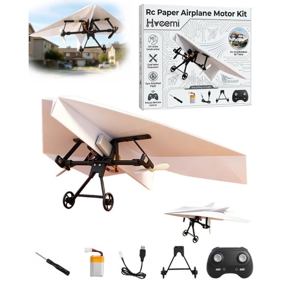 Remote Control Paper Airplane Kit, Electric RC Paper Plane with Dual Propellers and Gyro Stabilizer, Foldable Flying Aircraft Toy with Rechargeable Batteries for Outdoor Fun