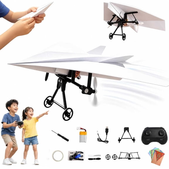 Remote Control Paper Airplane Kit, with Gyro Stabilizer,Dual Propellers,Landing Gear Rc DIY Electric Paper Airplane Lightweight Foldable Flying Micro Fixed Wing Drone (1* Battery & 20* Paper)