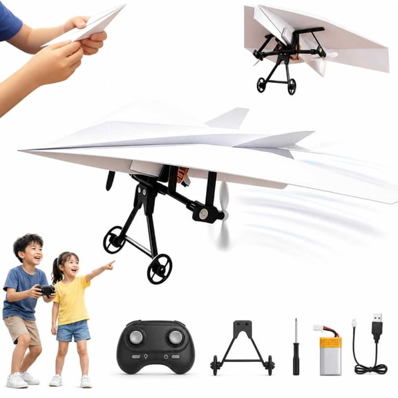 Remote Control Paper Airplane Kit, with Gyro Stabilizer,Dual Propellers,Landing Gear Rc DIY Electric Paper Airplane Lightweight Foldable Flying Micro Fixed Wing Drone (Paper Not Included)
