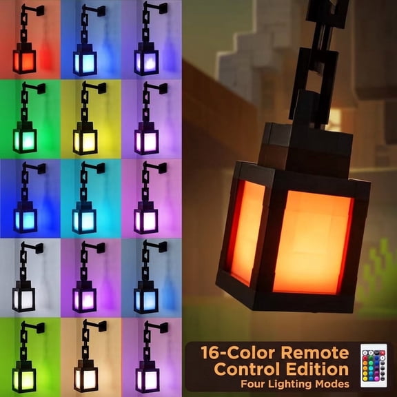 Remote Control Pixel Lantern, 16 Color RGB LED Night Light forKids, Rechargeable Hanging Wall Lamp, USB Charging, PixelatedGame Room Decor for Bedroom