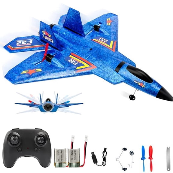 Remote Control Plane RTF F-22 Raptor, 2.4Ghz 6-axis Gyro RC Airplane with LED Light, Jet Fighter Toy Gift for Kids Beginner (Blue)