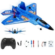 Remote Control Plane RTF F-22 Raptor, 2.4Ghz 6-axis Gyro RC Airplane with LED Light, Jet Fighter Toy Gift for Kids Beginner (Blue)