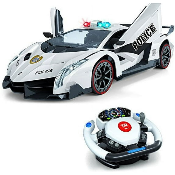 Remote Control Police Car, 4D Motion Gravity and Steering Wheel Control, 1:12 Scale, 2.4Ghz, with Lights, Sirens, Powered Doors, (TR-911)