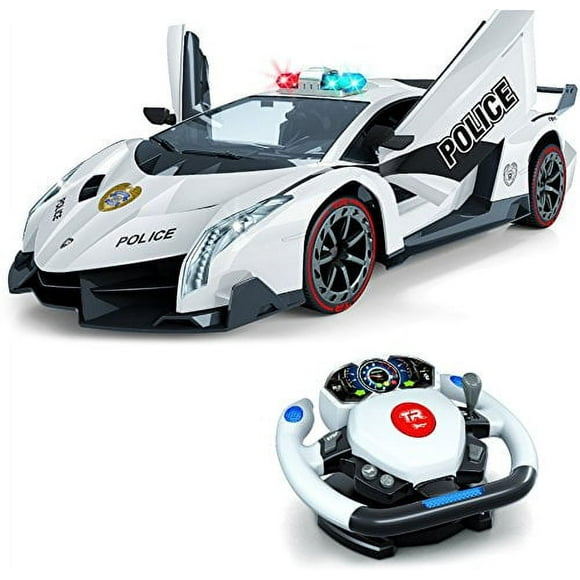 Remote Control Police Car, 4D Motion Gravity and Steering Wheel Control, 1:12 Scale, 2.4Ghz, with Lights, Sirens, Powered Doors, (TR-911)