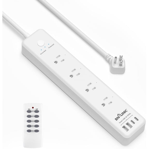 Remote Control Power Strip with 4 Independent Outlets4 USBs (incl. 20W USB-C) 3.9Ft Extension Cord 15A/1875W Overload Protection Wall Mount for Home Office ETL Listed 1200J