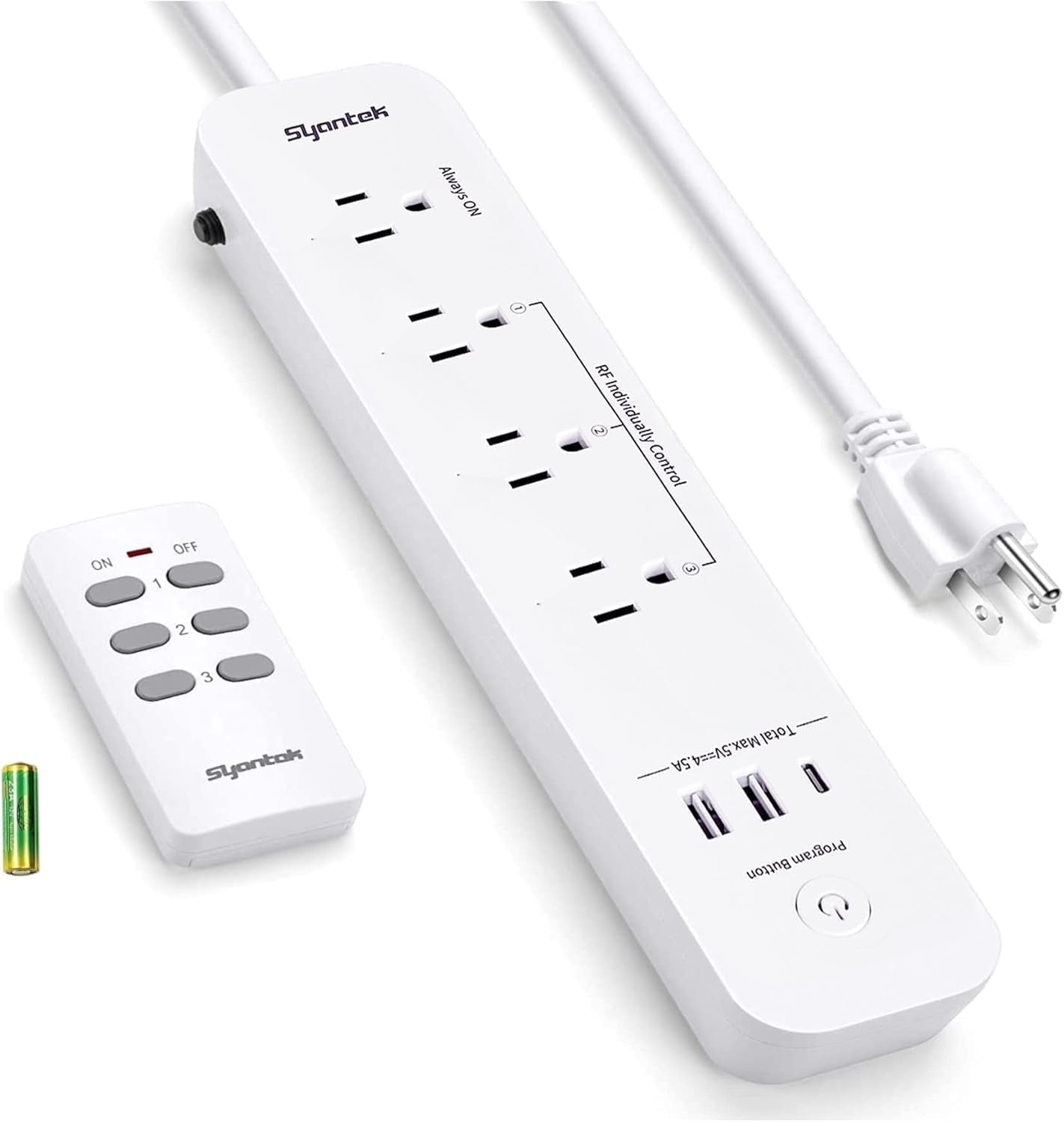 Syantek Remote Control Power Strip with 3 RF Outlets, 3 USB Ports, 5ft Cord, 15A/1875W Surge Protector for Household Appliances