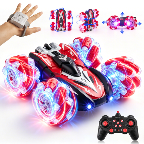 RC Car, 4WD RC Gesture Stunt Car, 360 Rotating Race Car with Cool Lights, 2.4GHz Remote Control Cars Toys for Kids Ages 6-12, Red