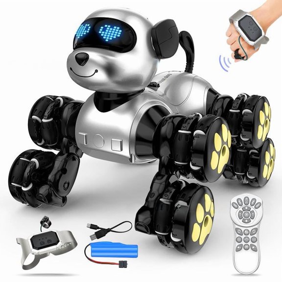 Remote Control Robot Dog Toy for age 6–12, 8WD Gesture Sensing Stunt RC Robot with Lights & Music, Programmable Smart RC Car Gift for Boys and Girls