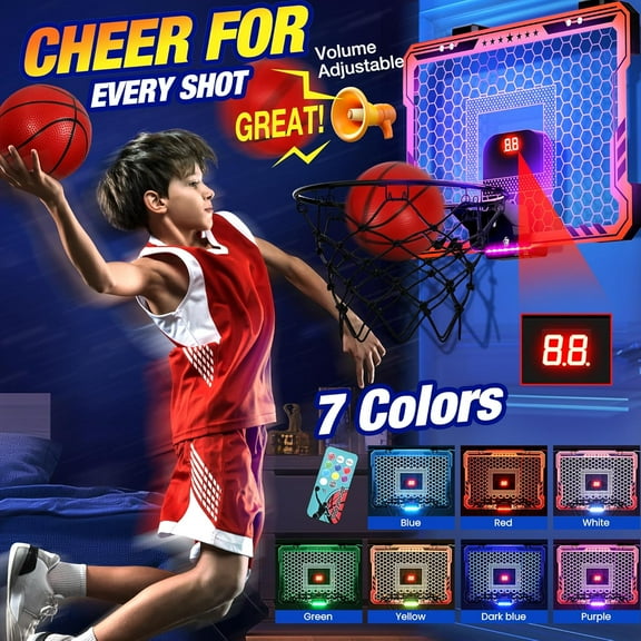 Remote Control Scoring Kids Basketball Hoop with 4 Balls - Adjustable LED Lights & Modes