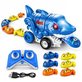 Remote Control Shark Car Toy with Magnetic Fish Catching Game, USB Rechargeable RC Vehicle with LED Eyes, 6 Fish, for Kids Ages 3+