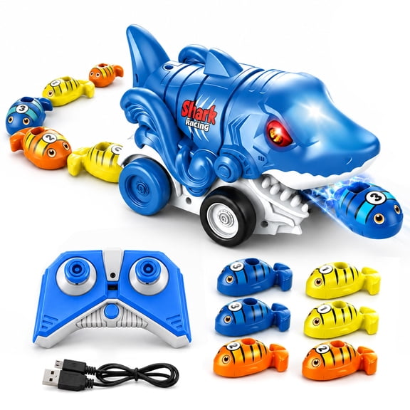 Remote Control Shark Car Toy with Magnetic Fish Catching Game, USB Rechargeable RC Vehicle with LED Eyes, 6 Fish, for Kids Ages 3+