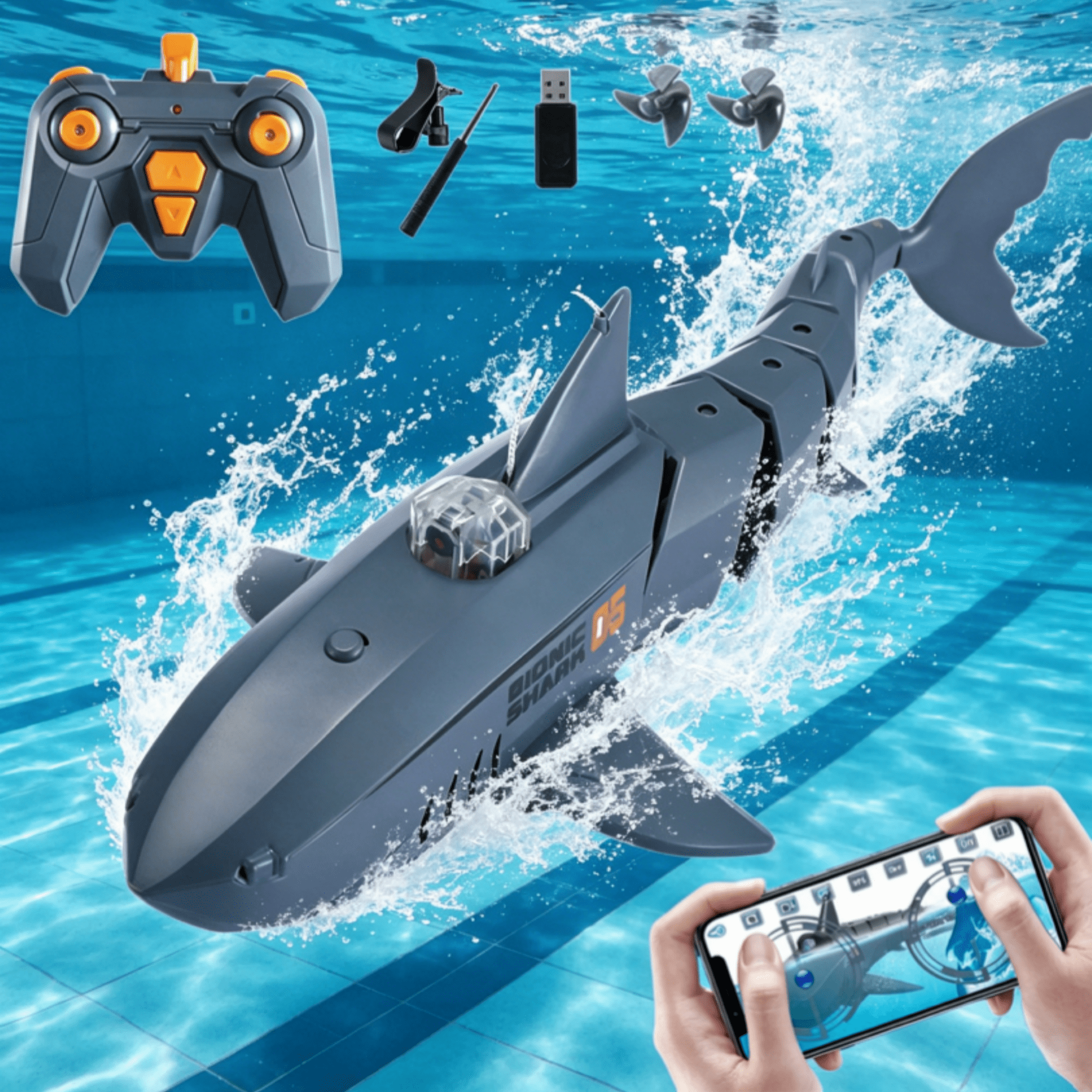 Remote Control Shark with HD Underwater Camera, 2.4G & APP Dual Control, 360° Movement, Dual Propellers, Water Swimming Fish, FPV RC Shark Boat for Adults Pool Pond Lakes Outdoor, Gray