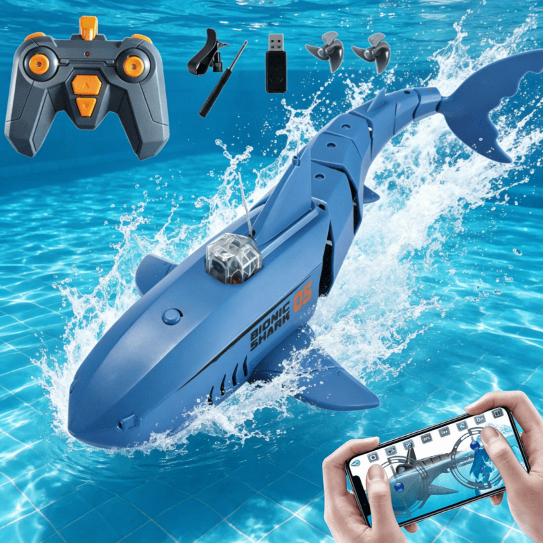 Remote Control Shark with HD Underwater Camera, 2.4G & APP Dual Control, 360° Movement, Dual Propellers, Water Swimming Fish, FPV RC Shark Boat for Adults Pool Pond Lakes Outdoor, Blue