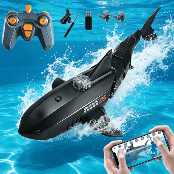 Remote Control Shark with HD Underwater Camera, 2.4G & APP Dual Control, 360° Movement, Dual Propellers, Water Swimming Fish, FPV RC Shark Boat for Adults Pool Pond Lakes Outdoor, Black