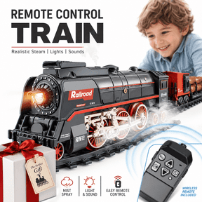 FENMING Plastic Steam Train Toy Set, Remote Control Train with 3 Mist Outlets, Lights, Sounds, Track, Ages 3 to 12