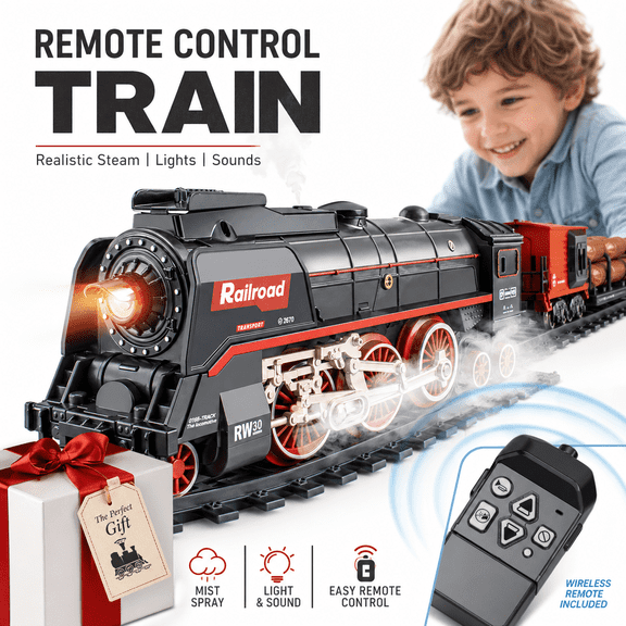 FENMING Plastic Steam Train Toy Set, Remote Control Train with 3 Mist Outlets, Lights, Sounds, Track, Ages 3 to 12