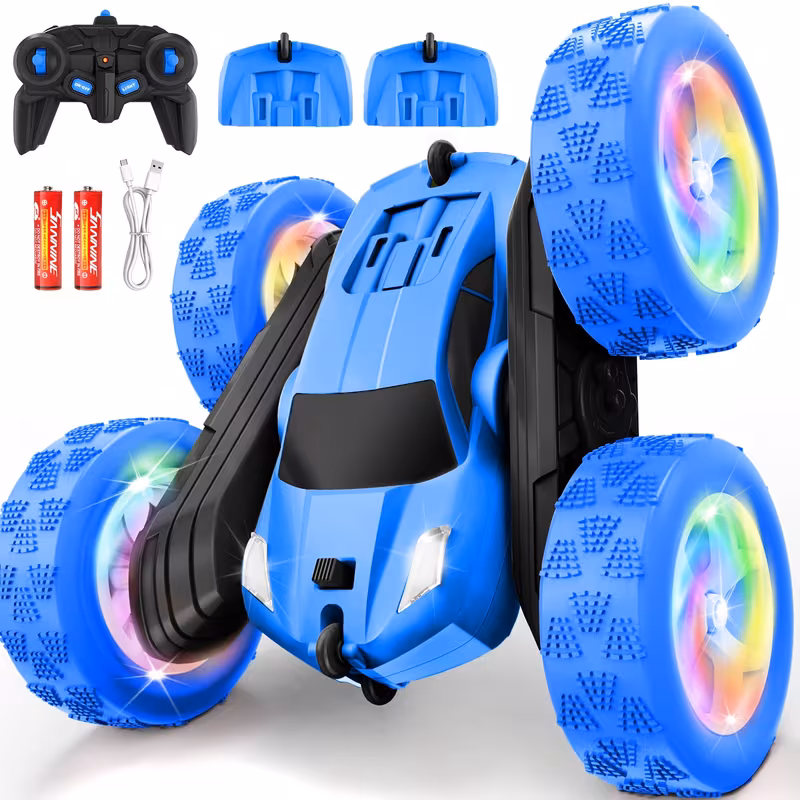 Remote Control Stunt Car 4WD 360 Degree Flip Double-Sided RC Car, LED Light Bar, USB-C Modular Battery, 2.4GHz Outdoor Beach Toy For Boys 6-12, Birthday And Christmas Kids Gift, Blue