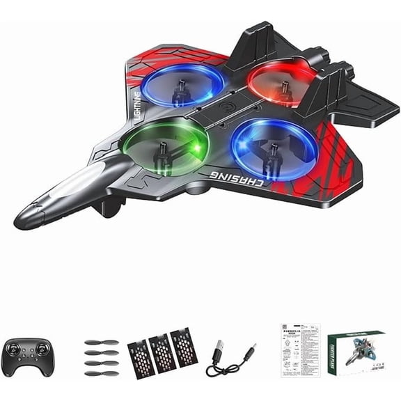 Remote Control Stunt Fighter Jet - Foam RC Plane with 360 LED Lights, Auto Hover & Drop Jets - Fun Drone Toy for Indoor & Outdoor Play, 10.2*7.1in, Red