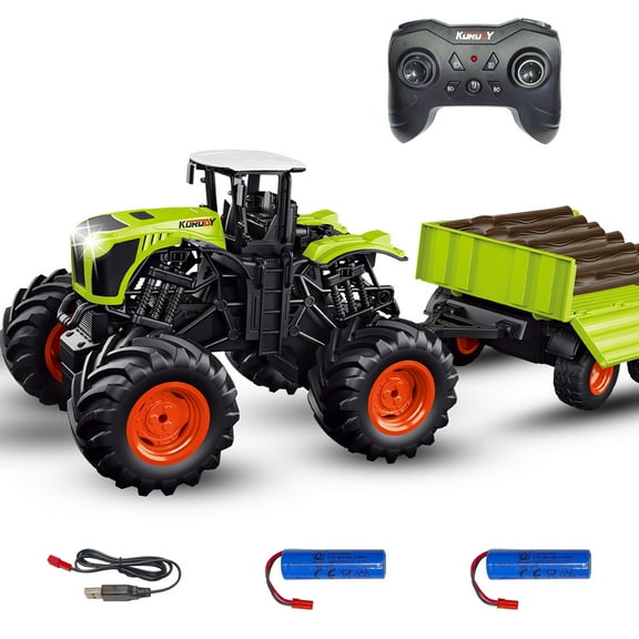 Remote Control Tractor Toy, 1/16 Scale RC Trailer Truck with 6 Wooden Strips, 2.4GHz RC Monster Truck Farm Vehicle Toys Set for Boys Girls Kids Ages 3-8 Year Old
