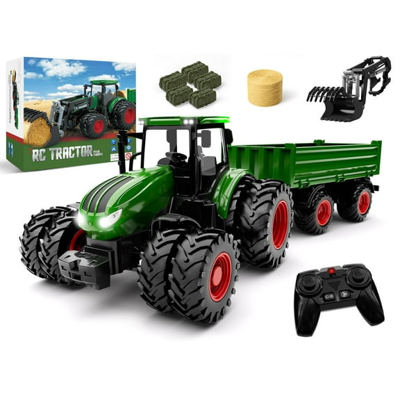 Remote Control Tractor Toy with Trailer | Metal Front & Front Loader Farm Vehicle Set with Lights & 8-Wheel Design, RC Tractor Truck for Boys & Girls Ages 3-9, Fun Farm Toy Gift for Toddlers & Kids