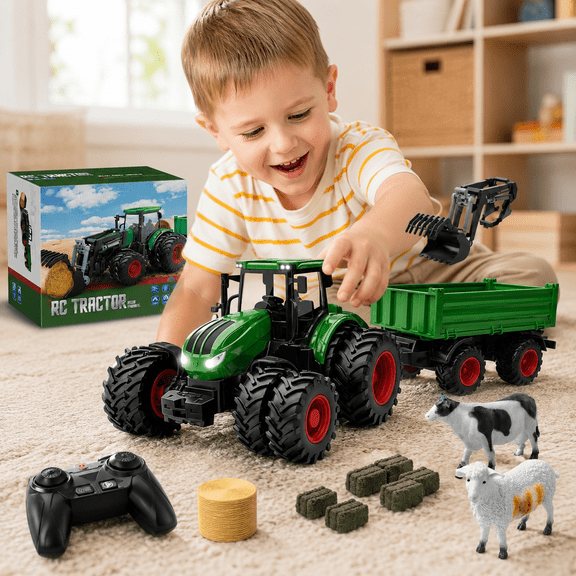 Remote Control Tractor Toy with Trailer, 2.4GHz 1:24 RC Farm Truck, Metal Hood, Front Loader, 8 Rubber Tires, Hay Bale & Animal Figures, Gifts for Kids Ages 3+