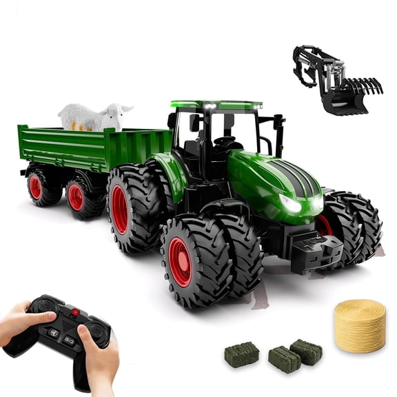 95272FUNN Remote Control Tractor Toy 8 Wheel with Trailer Front Loader Farm Set