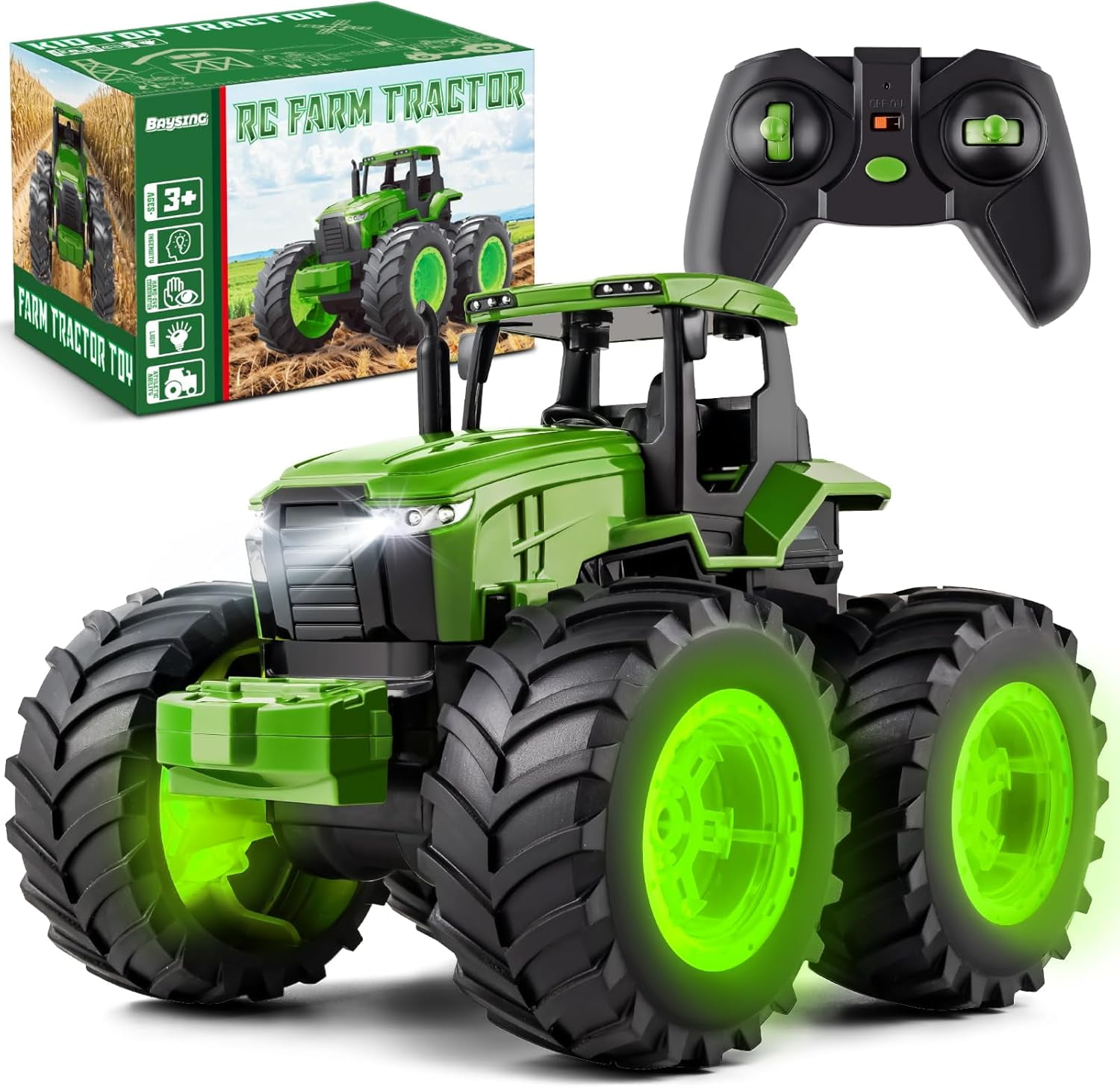 Remote Control Tractor Toys for Kids 3-5, Light Up Monster Trucks
