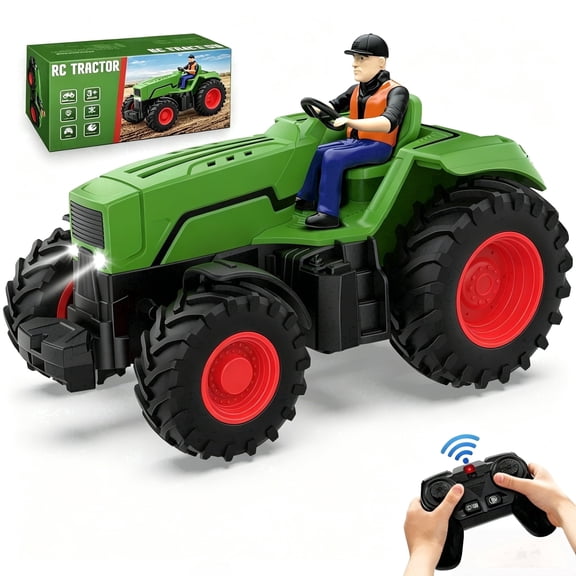 Remote Control Tractor Toy for Kids 3+, 1/24 Scale RC Farm Tractor with Farmer Figure, Rechargeable Battery Powered Vehicle with Lights & Detachable Trailer, Birthday Gifts for Boys