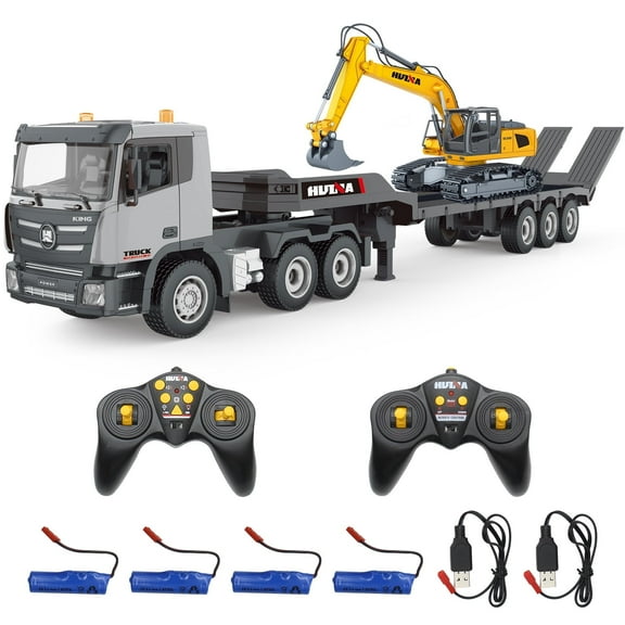 Remote Control Trailer Truck with RC Excavator Playset, RC Trailer Engineering Car with Light and Sound