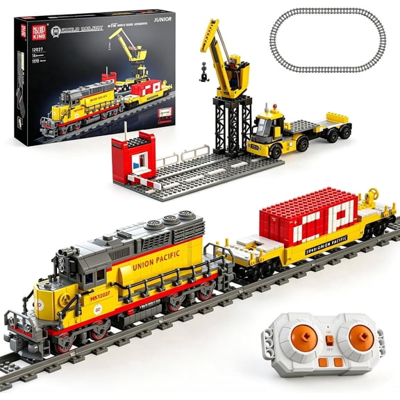 Remote Control Train Building Set, 1170pcs Diesel Locomotive Train Toy with Loop Track, Crane, Containers Semi Trailer for Assembly, Construction Model Kit for Adults
