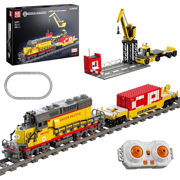 Remote Control Train Building Set, 1170pcs Diesel Locomotive Train Toy with Loop Track, Crane, Containers Semi Trailer for Assembly, Construction Model Kit