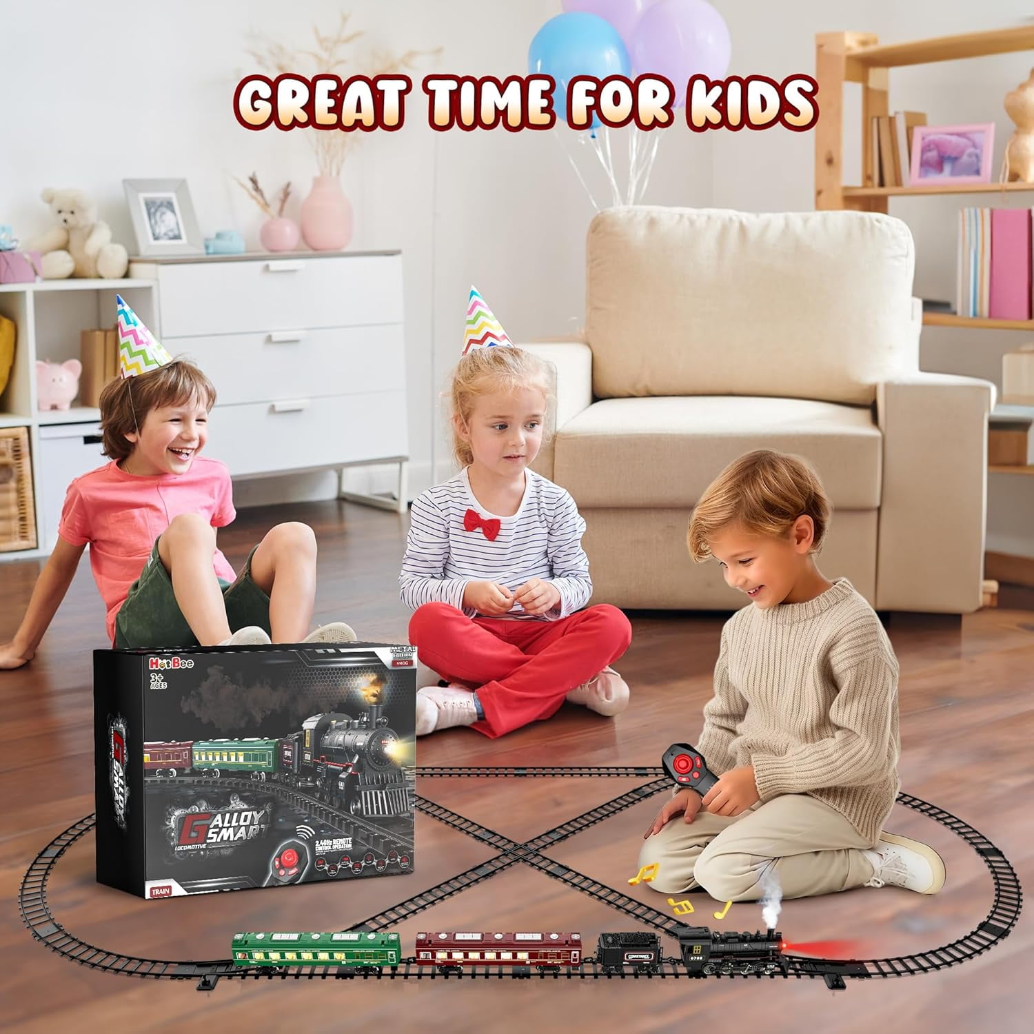 Remote Control Train Set, Electric Train Track Toy with Smoke, Light and Sound, Steam